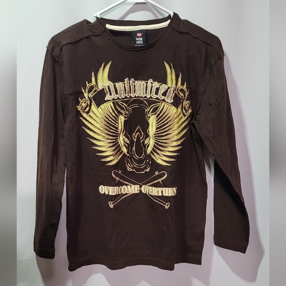 Ecko Unlimited Brown 'Overcome Overturn' Graphic Long Sleeve T-Shirt Size Small - Picture 2 of 7